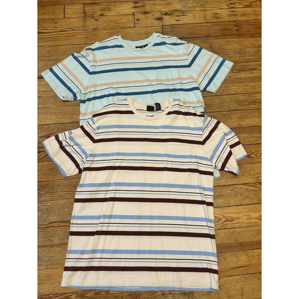 Y2K Emergency Exit Short Sleeve Striped Shirt Men's Large Lot Of 2 90's Grunge